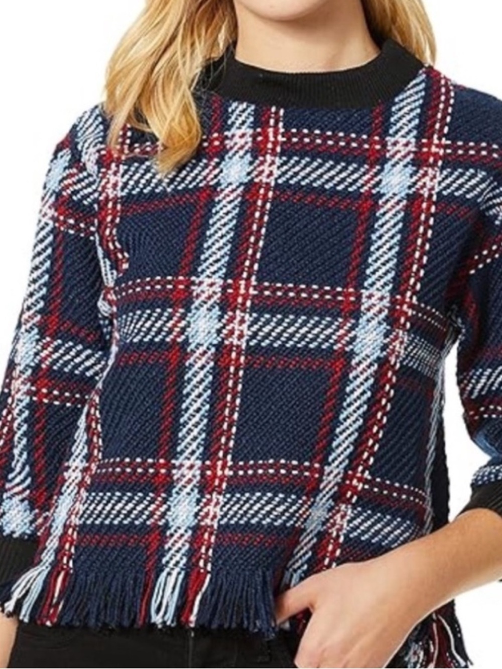 J.O.A. Navy Plaid Fringe Hem Sweater Top